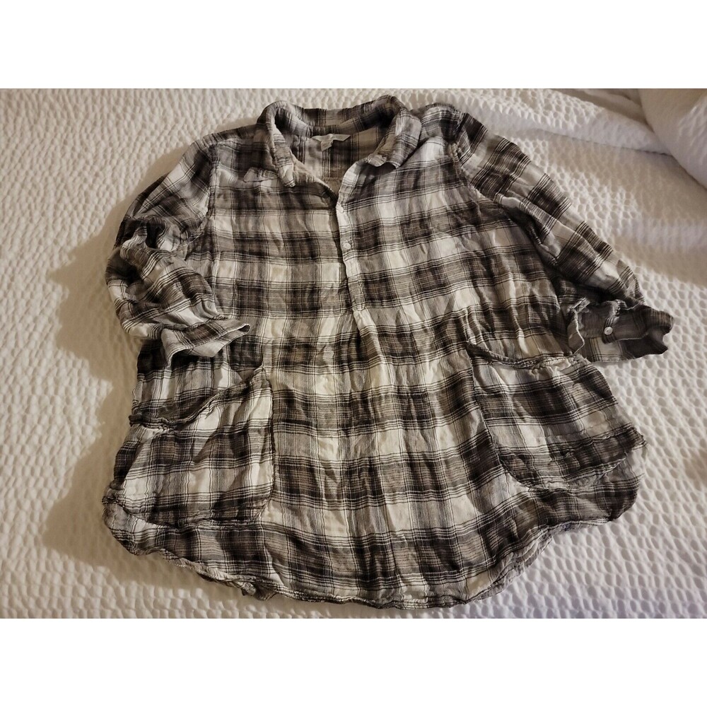 Khakis And Co Women's Shirt Top Blouse Plaid Long Sleeve Gray Brown Size XL